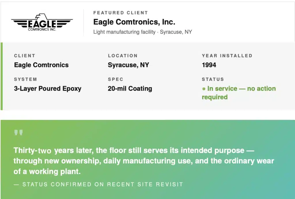 Eagle Comtronics Industrial Epoxy Flooring Case Study - 32 Years Specifications